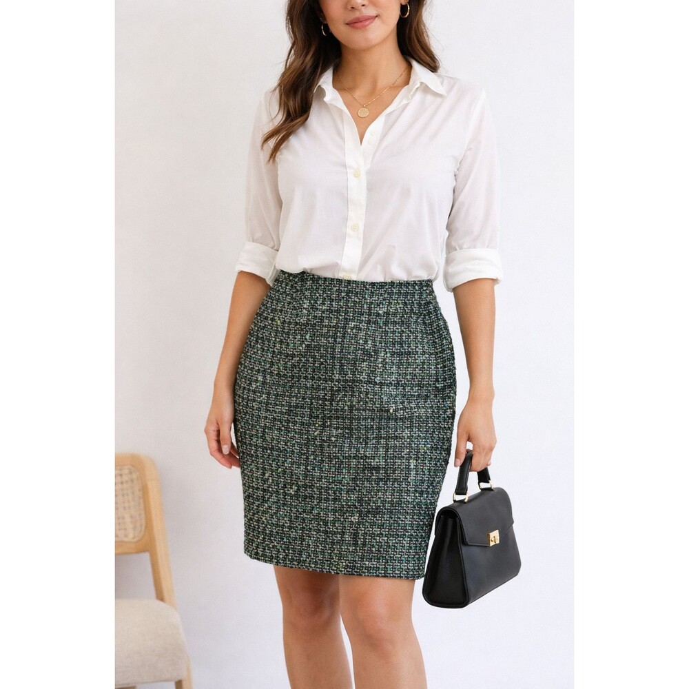 Liz Claiborne Petite Tweed Pencil Skirt 4P Green Wool Blend Lined Classic